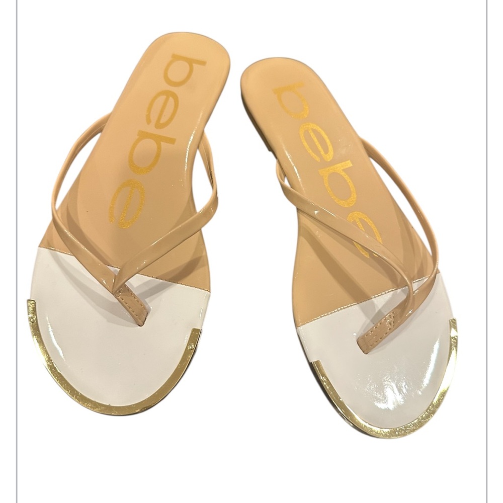 Bebe Tan and White Sandals with Modern Thong Design